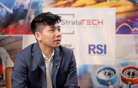 Tight camera shot of the StrataTech Education Group CEO speaking during a corporate town hall produced by Pierpoint Studios, demonstrating professional multi-camera coverage and speaker-focused livestream production.